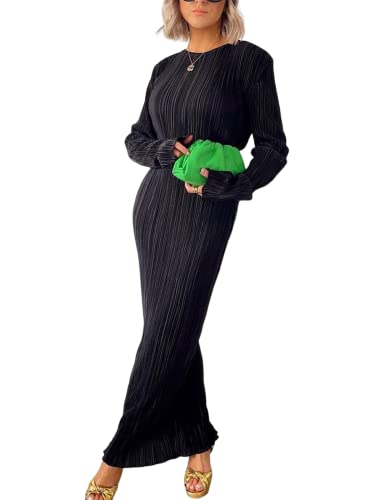 Amazon.com: Annystore Women's Long Sleeve Loose Dress Pleated Crew